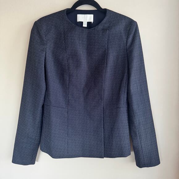 Boss by Hugo Boss Jutali Contrast-Lapel Overlap Wool Blazer Navy Blue White Sz 6 - Picture 1 of 7